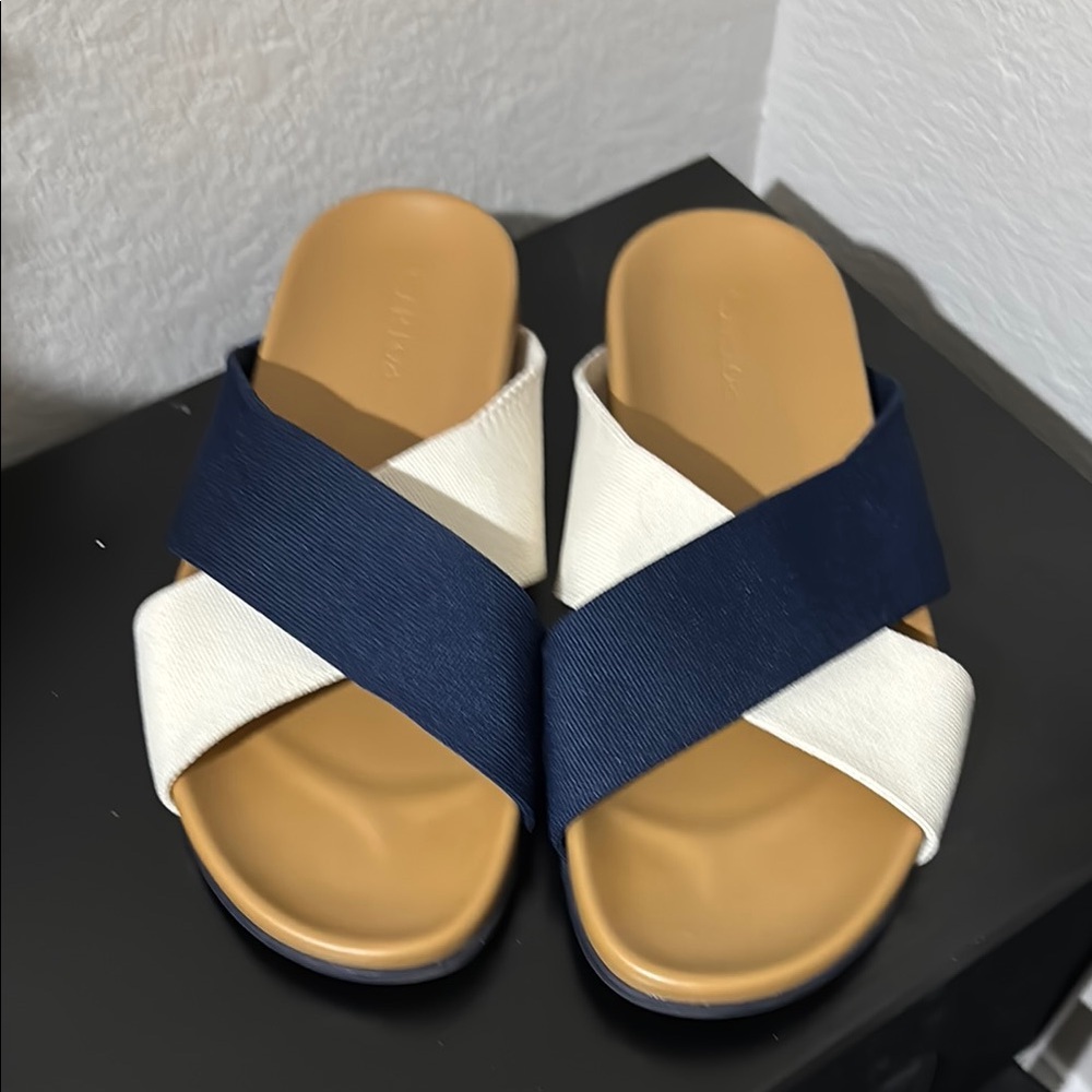 Rothy’s Navy and Cream Women's Slides